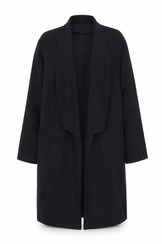 Front view of ASOS women’s black overcoat coat, size UK 10