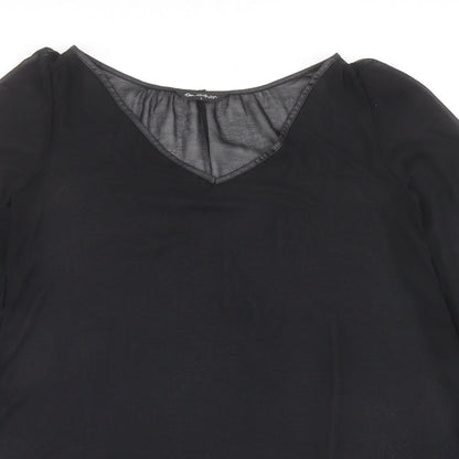 Close-up detail of Miss Selfridge women’s black polyester basic blouse, size UK 6, v-neck