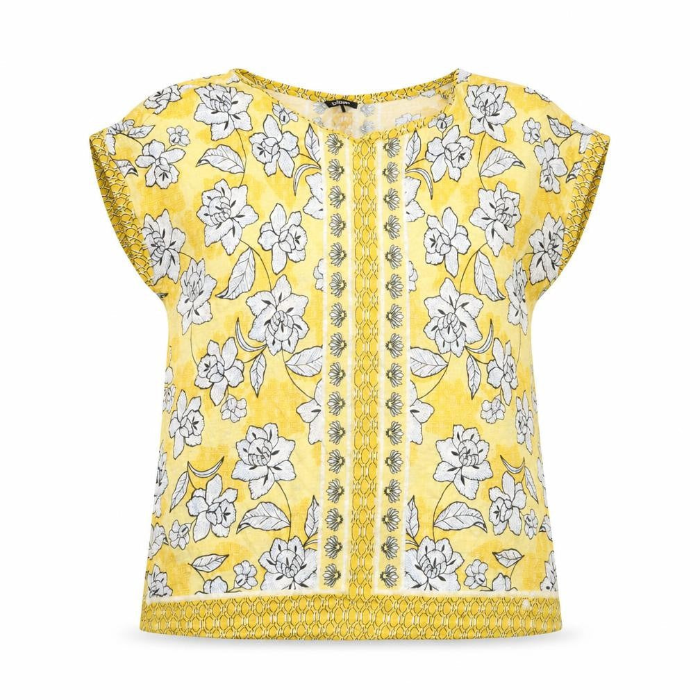 Olsen Womens Yellow Floral Polyester Basic T-Shirt Size 14 Round Neck