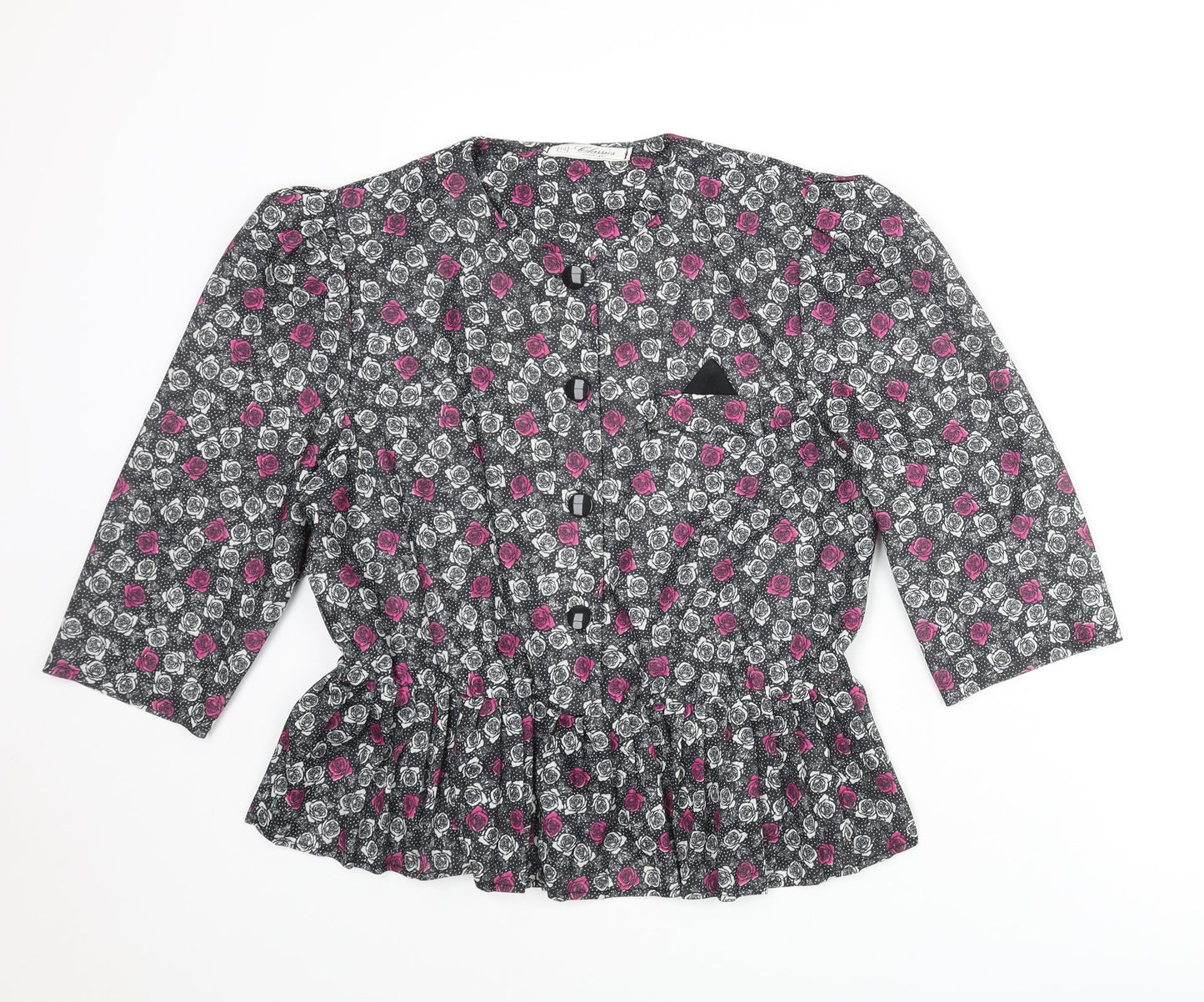 Debenhams Womens Black Floral Polyester Basic Button-Up Size 16 Round Neck