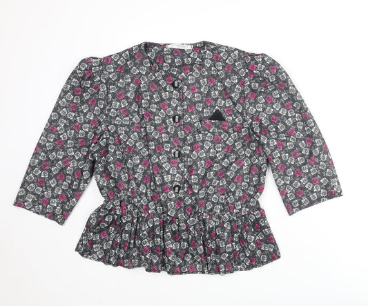 Debenhams Womens Black Floral Polyester Basic Button-Up Size 16 Round Neck