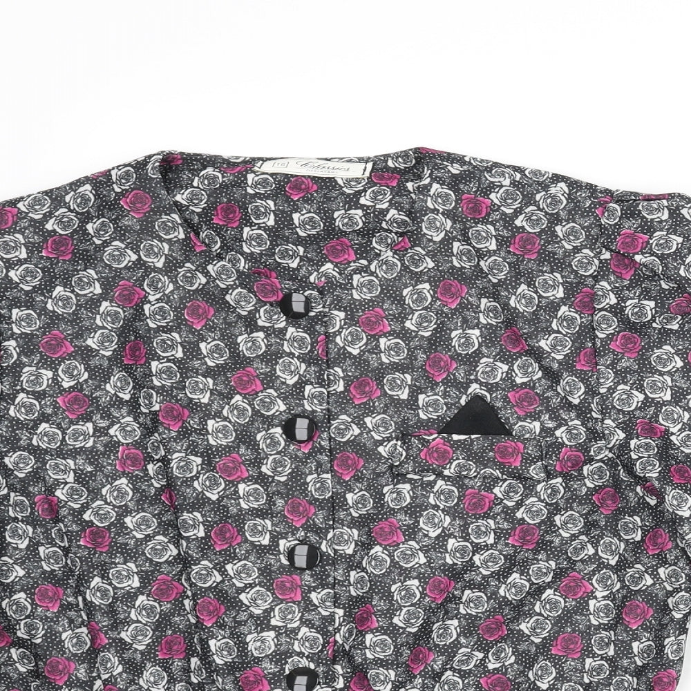 Debenhams Womens Black Floral Polyester Basic Button-Up Size 16 Round Neck