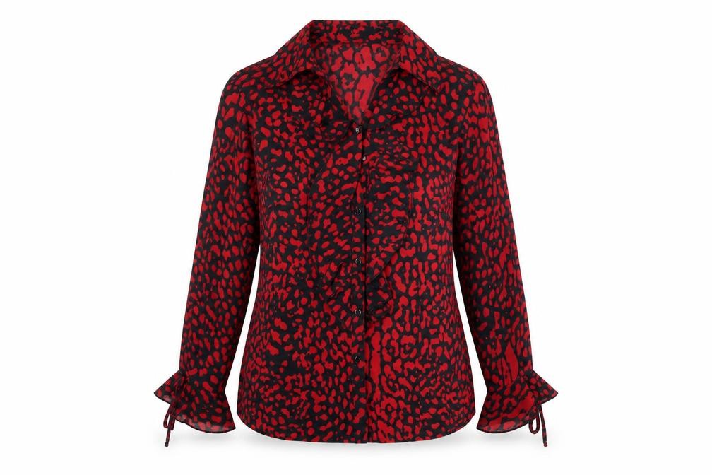 Daxon Womens Red Animal Print Polyester Basic Button-Up Size 12 Collared - Leopard Print