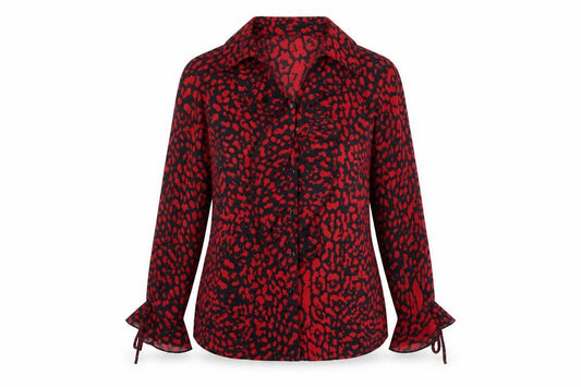 Daxon Womens Red Animal Print Polyester Basic Button-Up Size 12 Collared - Leopard Print