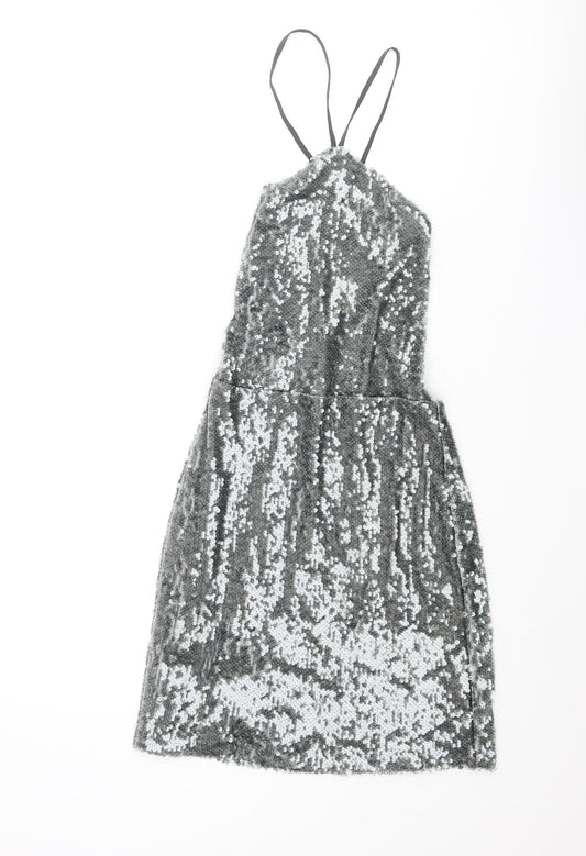 Zara Womens Grey Polyester Mini Size S Halter Lace Up - Open Back