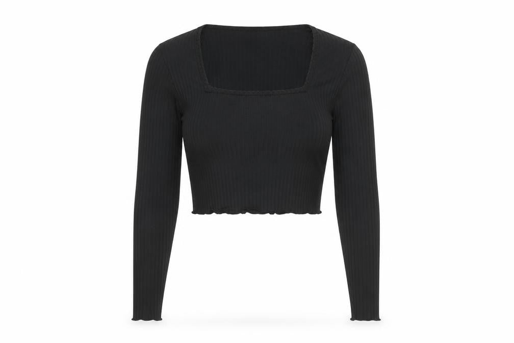 Red Herring Womens Black Polyester Cropped T-Shirt Size 10 Square Neck