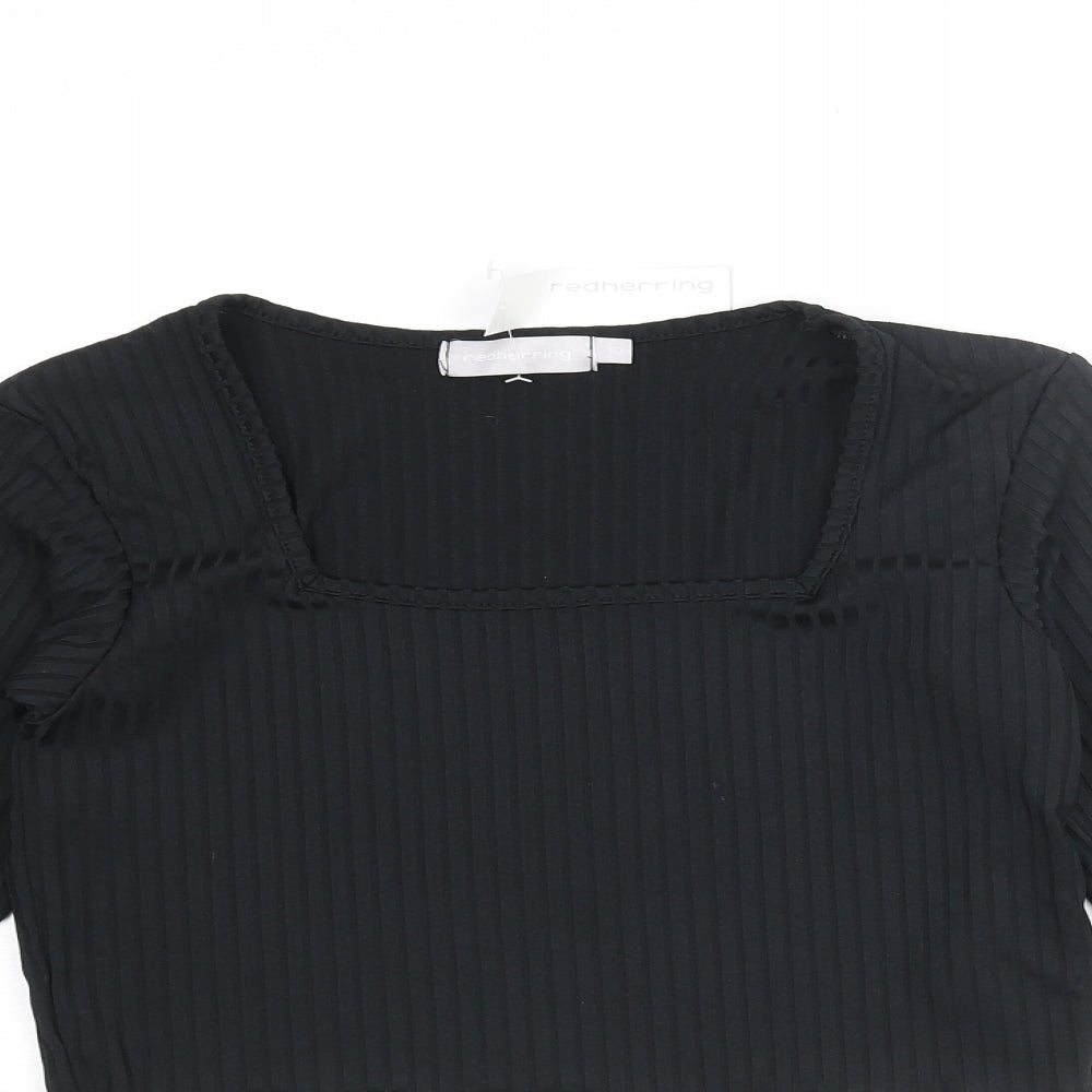 Red Herring Womens Black Polyester Cropped T-Shirt Size 10 Square Neck