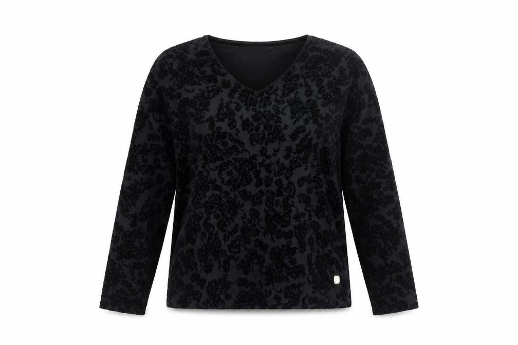 TIGI Womens Black Floral Polyester Basic T-Shirt Size 10 V-Neck - Size 10-12