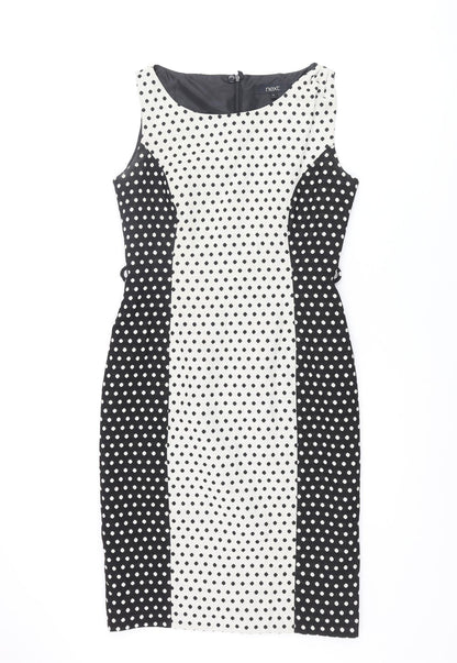 Next Womens Black Polka Dot Cotton Shift Size 10 Round Neck Zip