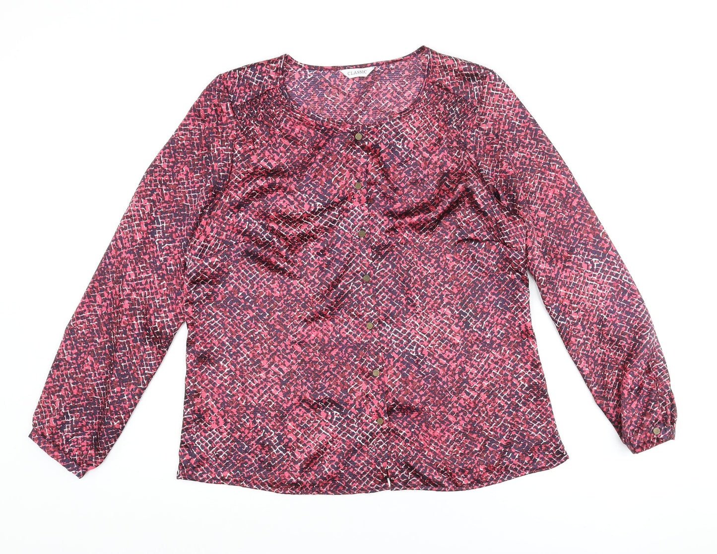 Classic Womens Multicoloured Geometric Polyester Basic Button-Up Size 14 Round Neck
