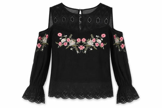 River Island Womens Black Viscose Basic Blouse Size 10 Round Neck - Flower Detail Cold Shoulder