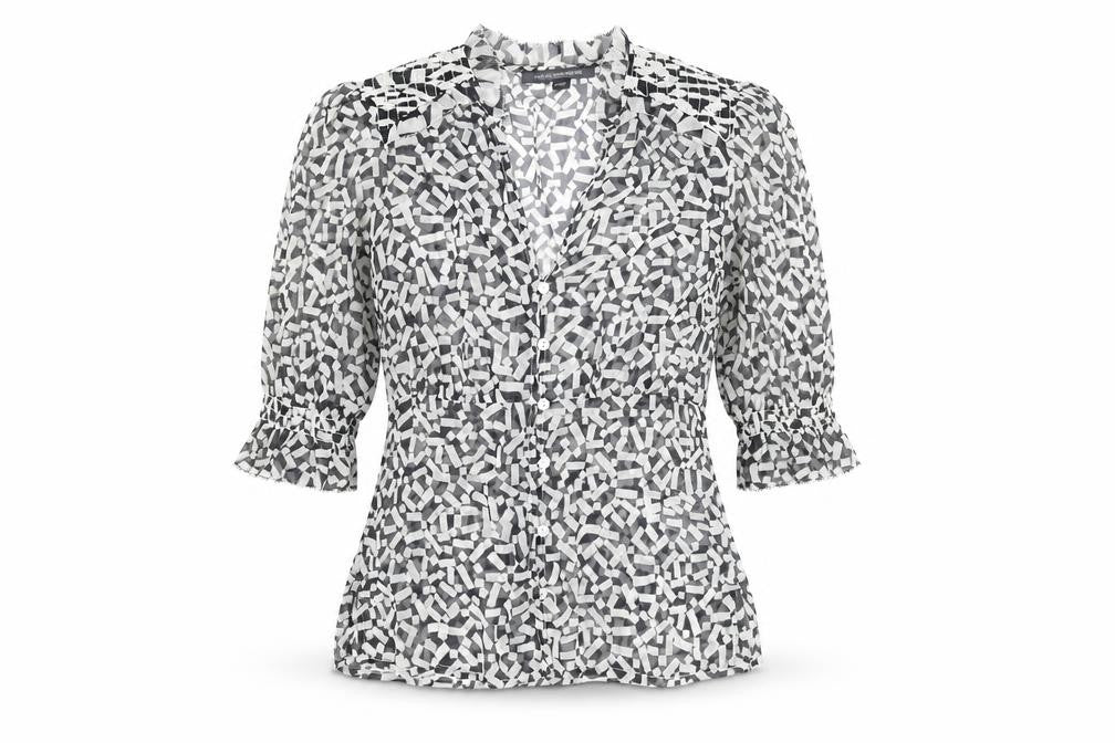 French Connection Womens Black Geometric Polyester Basic Button-Up Size 6 V-Neck