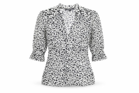 Front view of French Connection women’s black geometric polyester basic button-up, size UK 6, v-neck