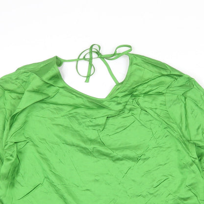 Close-up detail of Autograph women’s green viscose basic blouse, size UK 8, round neck