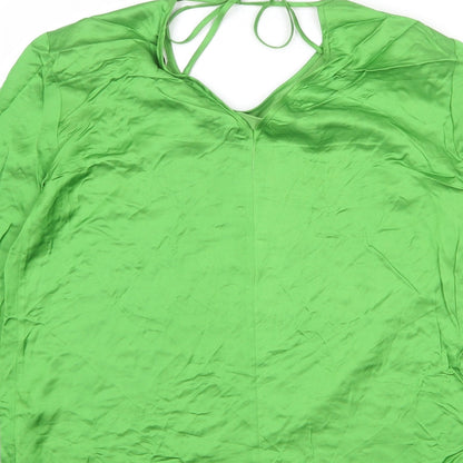 Brand and care label for Autograph women’s green viscose basic blouse, size UK 8, round neck