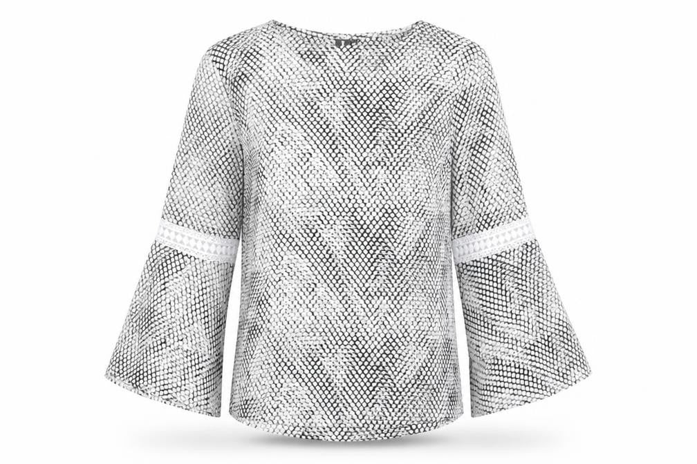 Izabel London Womens White Geometric Polyester Jersey Blouse Size L Round Neck - Flares sleeve