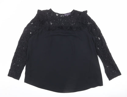 Marks & Spencer Womens Black Polyester Basic Blouse Size 12 Round Neck - Lace Neckline