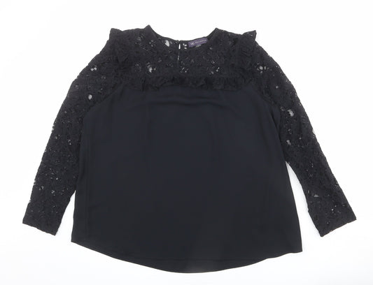 Marks and Spencer Womens Black Polyester Basic Blouse Size 12 Round Neck - Lace Neckline