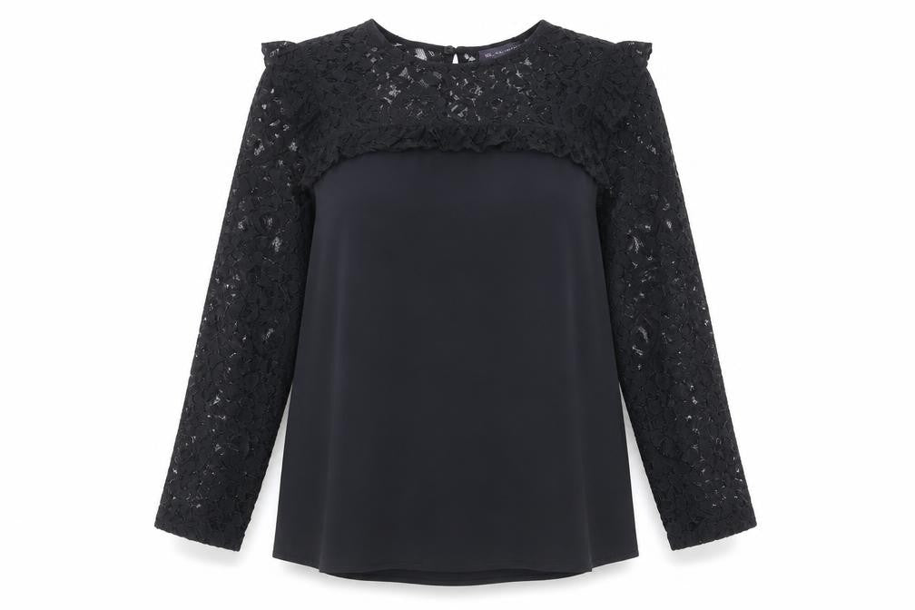 Marks & Spencer Womens Black Polyester Basic Blouse Size 12 Round Neck - Lace Neckline