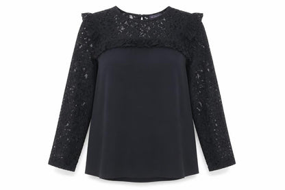 Marks & Spencer Womens Black Polyester Basic Blouse Size 12 Round Neck - Lace Neckline