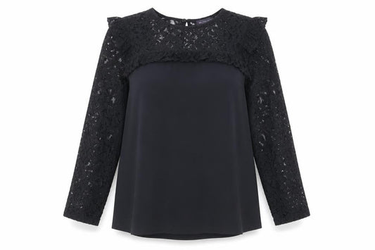 Marks and Spencer Womens Black Polyester Basic Blouse Size 12 Round Neck - Lace Neckline