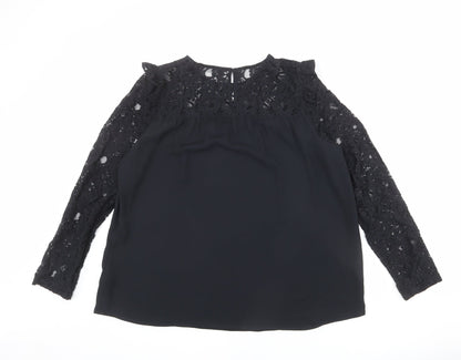 Marks & Spencer Womens Black Polyester Basic Blouse Size 12 Round Neck - Lace Neckline