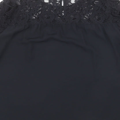 Marks & Spencer Womens Black Polyester Basic Blouse Size 12 Round Neck - Lace Neckline