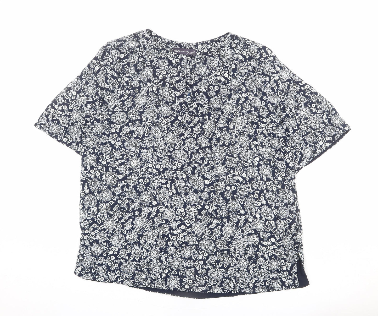 Marks and Spencer Womens Blue Floral Polyester Basic Blouse Size 14 Round Neck