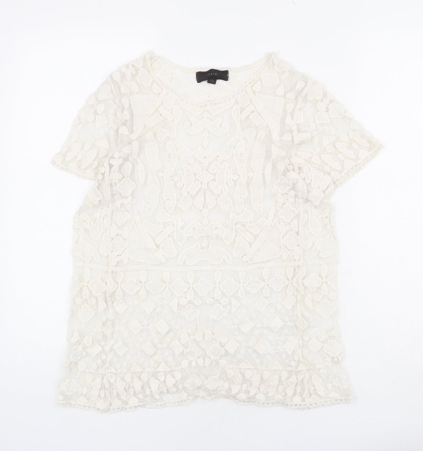 JULIE Womens Ivory Geometric Cotton Basic T-Shirt Size S Round Neck - Size S-M