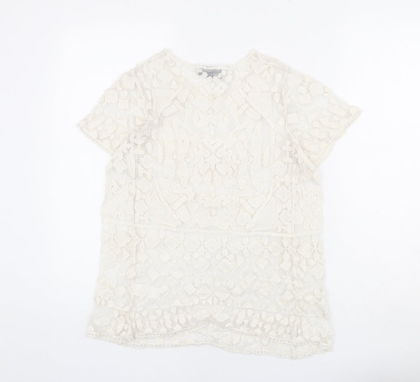 JULIE Womens Ivory Geometric Cotton Basic T-Shirt Size S Round Neck - Size S-M