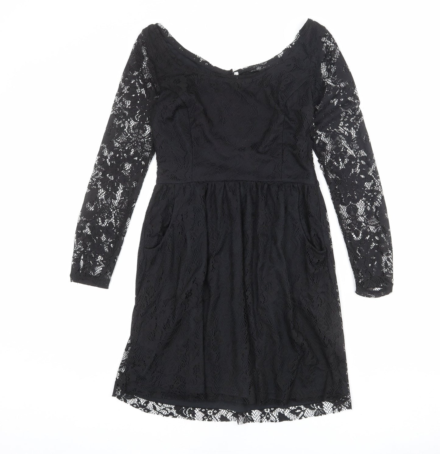 Zara Womens Black Polyester A-Line Size M Boat Neck Button - Lace