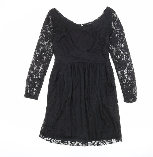 Zara Womens Black Polyester A-Line Size M Boat Neck Button - Lace