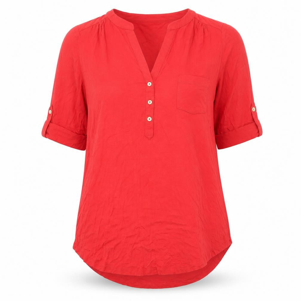 Marks & Spencer Womens Red Viscose Basic Button-Up Size 12 V-Neck