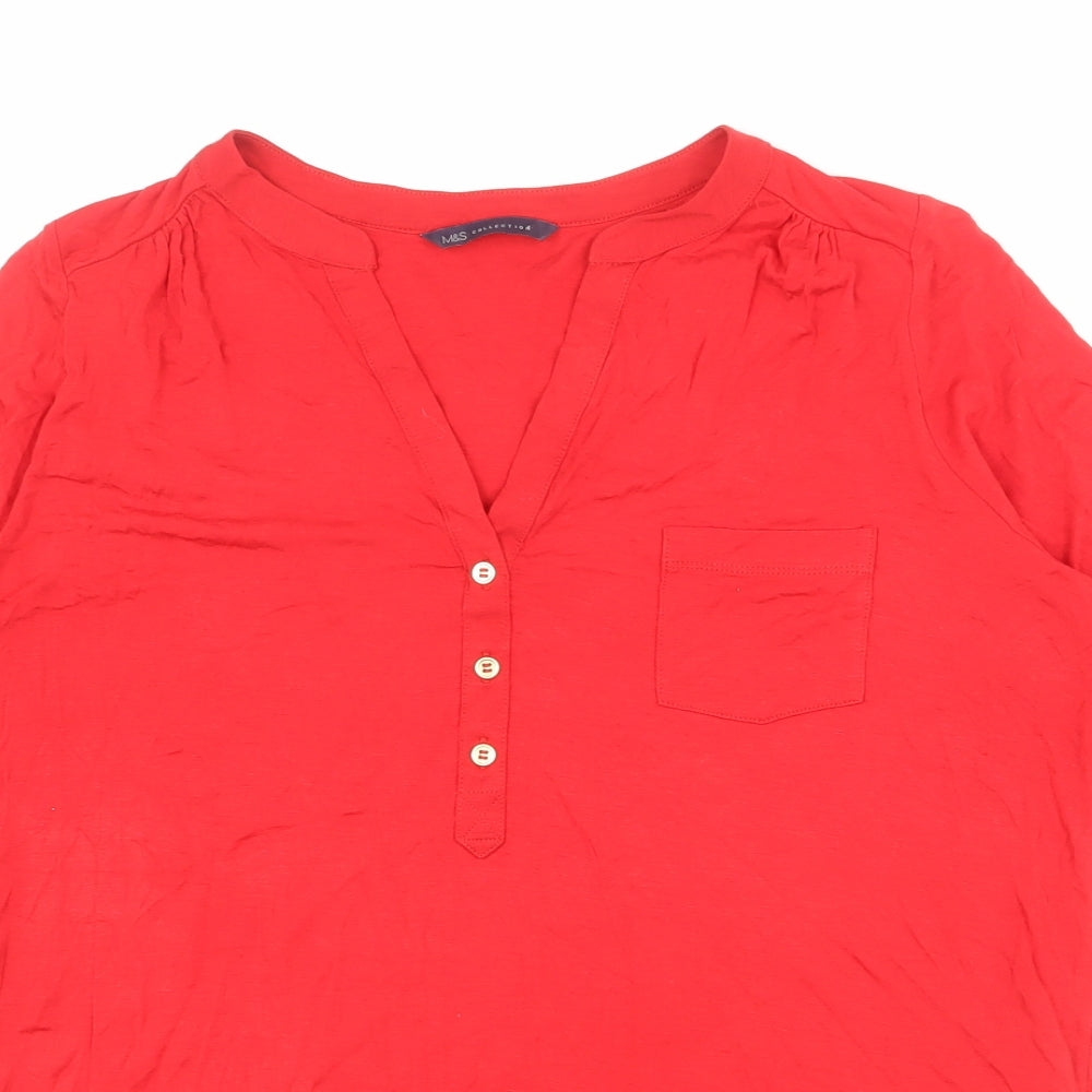 Marks and Spencer Womens Red Viscose Basic Button-Up Size 12 V-Neck