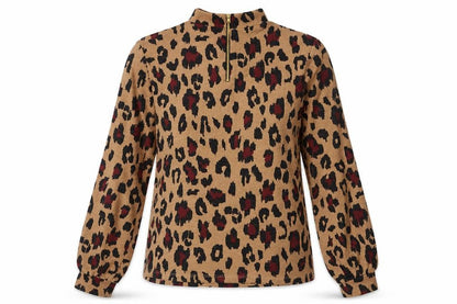Oasis Womens Brown Animal Print Polyester Basic Blouse Size S Mock Neck