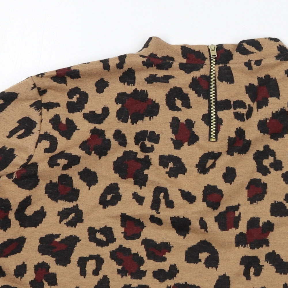 Oasis Womens Brown Animal Print Polyester Basic Blouse Size S Mock Neck