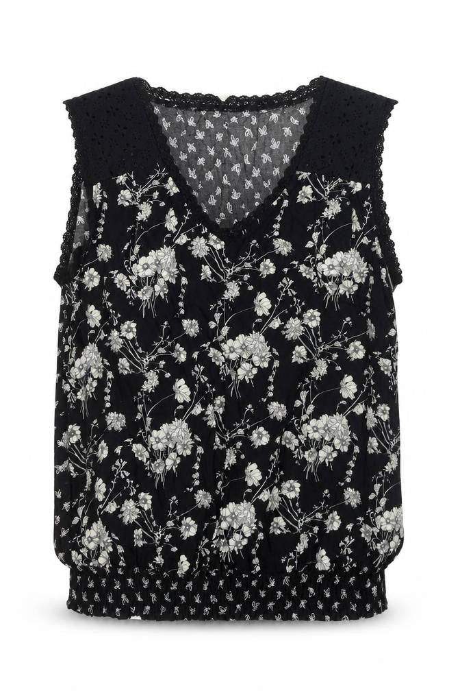SOLITAIRE Womens Black Floral Cotton Basic Blouse Size M V-Neck