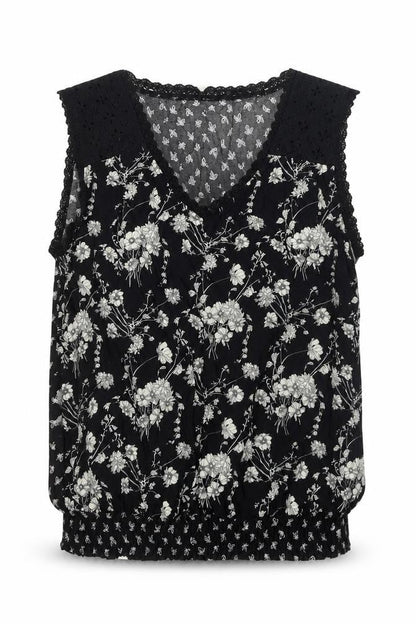 SOLITAIRE Womens Black Floral Cotton Basic Blouse Size M V-Neck