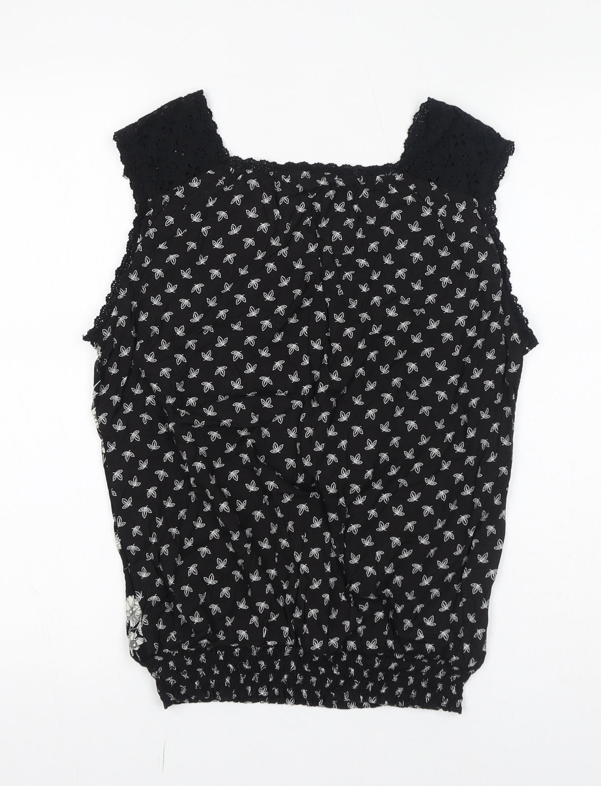 SOLITAIRE Womens Black Floral Cotton Basic Blouse Size M V-Neck