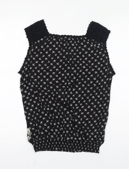 SOLITAIRE Womens Black Floral Cotton Basic Blouse Size M V-Neck