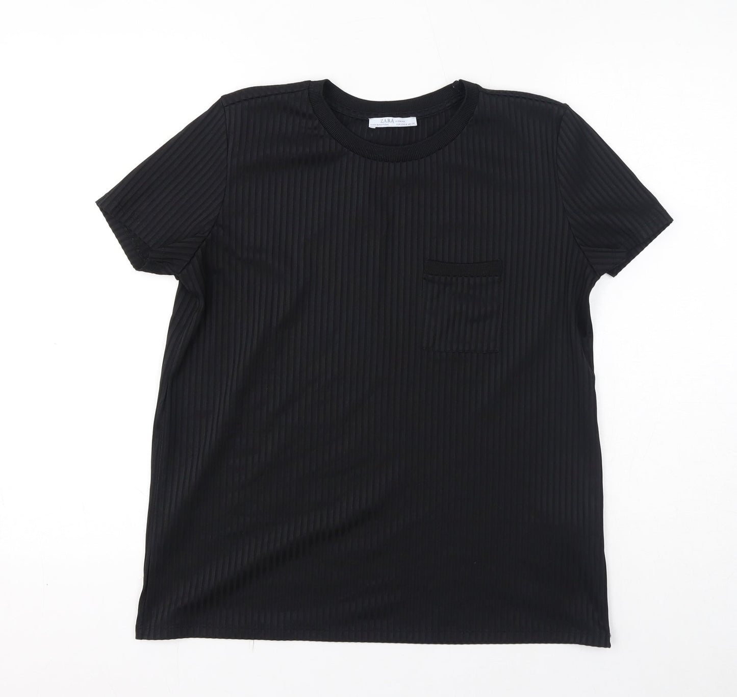 Zara Womens Black Polyester Basic T-Shirt Size M Round Neck