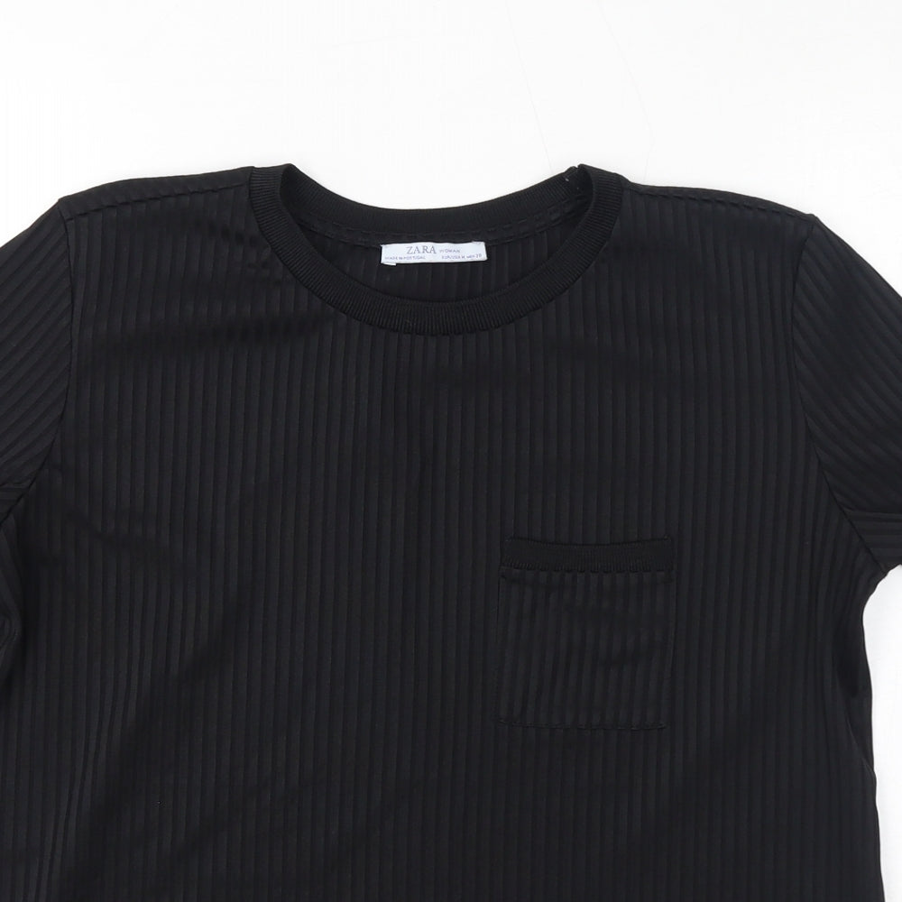 Zara Womens Black Polyester Basic T-Shirt Size M Round Neck
