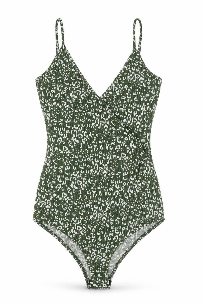 Gilli Womens Green Animal Print Polyester Bodysuit One-Piece Size L Button - Leopard Print