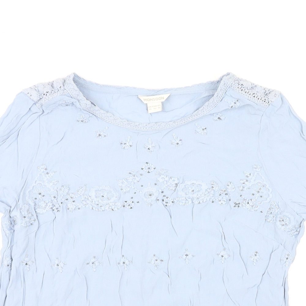 Monsoon Womens Blue Viscose Basic T-Shirt Size 14 Round Neck