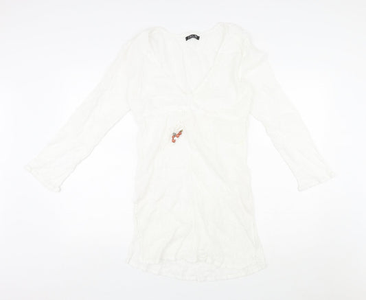 Coral Bay Womens White Polka Dot Cotton Shift Size M V-Neck Pullover - Drawstring Detail
