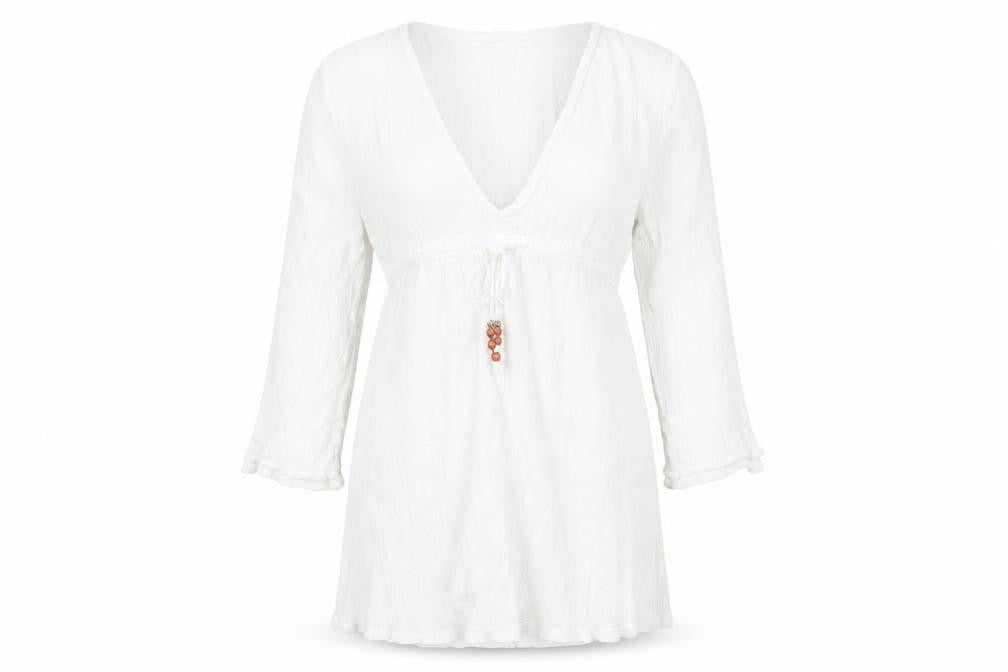 Coral Bay Womens White Polka Dot Cotton Shift Size M V-Neck Pullover - Drawstring Detail