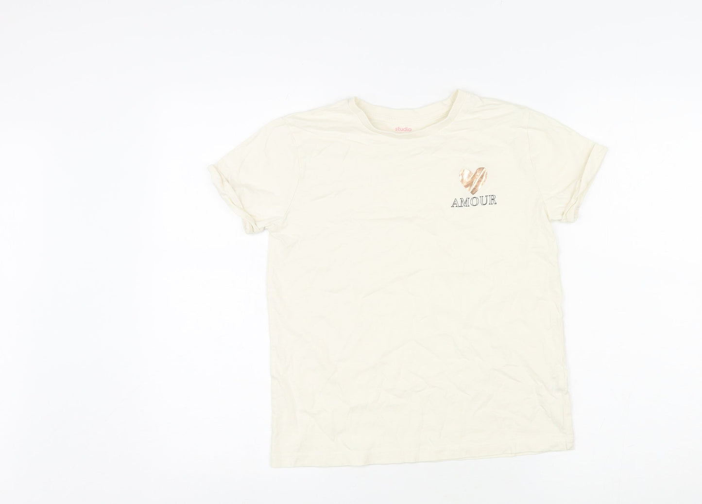 Studio Girls Ivory Cotton Basic T-Shirt Size 10-11 Years Round Neck Pullover