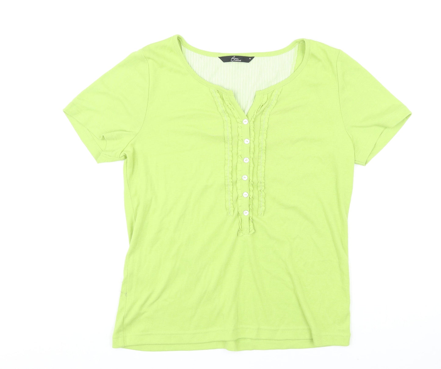 BM Casual Womens Green Polyester Basic T-Shirt Size M Round Neck