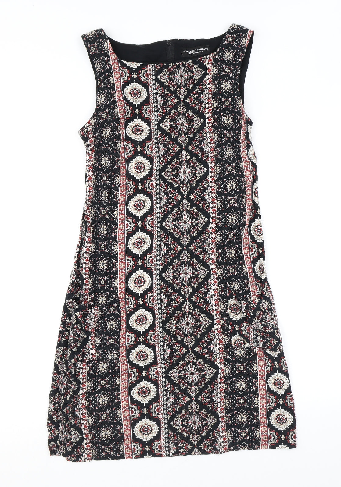 Dorothy Perkins Womens Black Geometric Viscose A-Line Size 8 Round Neck Zip