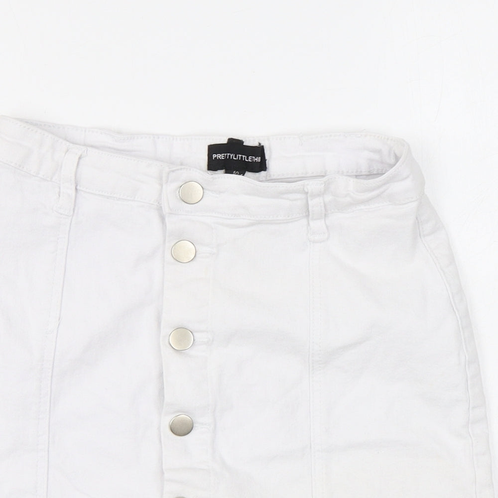PRETTYLITTLETHING Womens White Cotton A-Line Skirt Size 10 Button